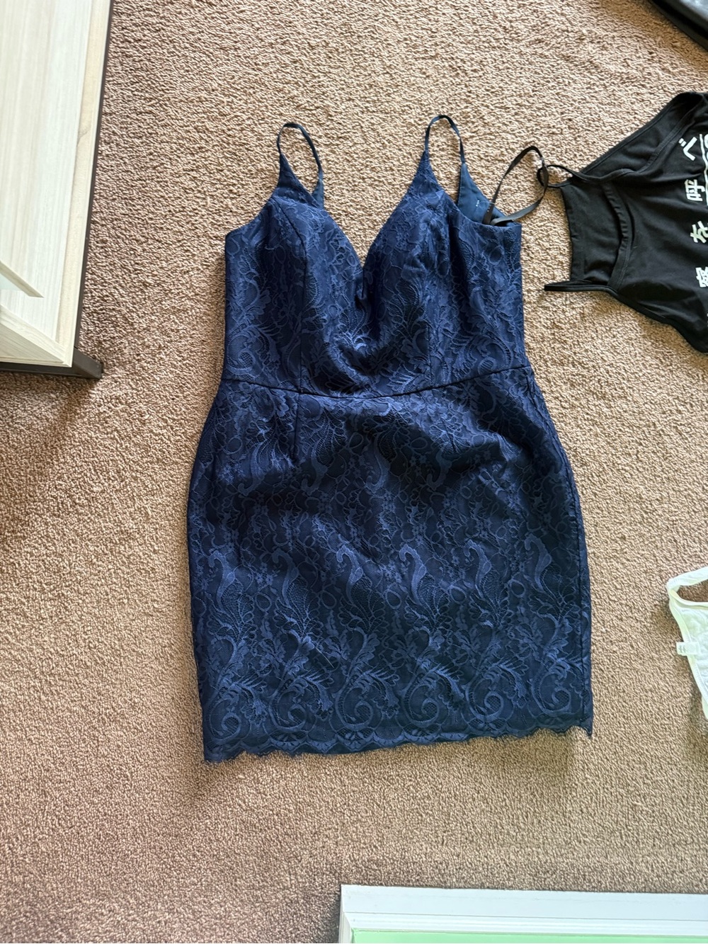 Mi Navy Lace Mini Dress with Spaghetti Straps